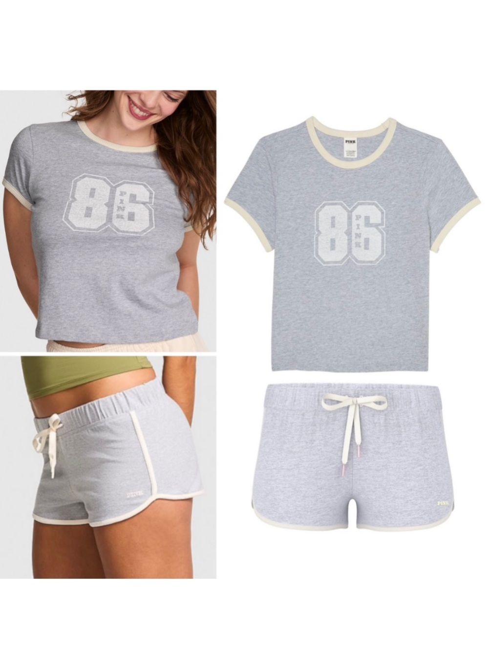 VICTORIA’S SECRET PINK Retro Cotton Tee & Soft Micro Modal Shorts Grey Comfy XL